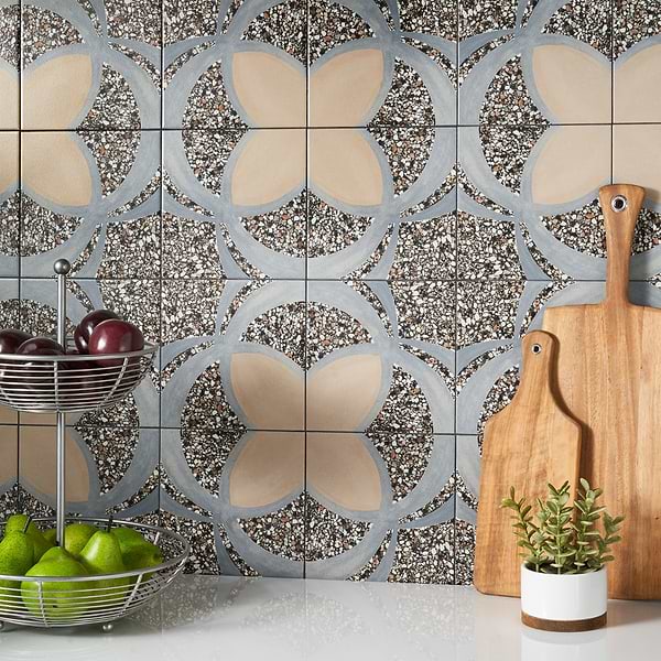 Chips Fleur De Lis Nero Multicolor 8x8 Terrazzo Look Matte Porcelain Tile