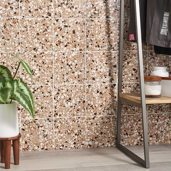 Chips Macro Terracotta Coral Orange 8x8 Terrazzo Look Matte Porcelain Tile