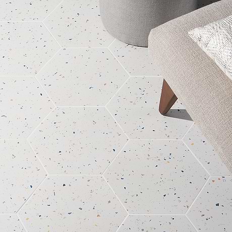 Six Hexagon Multi White 12.5" Terrazzo Look Matte Porcelain Tile