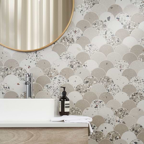 Kobe Fishscale Warm Beige Mix 4" Terrazzo Look Matte Porcelain Mosaic Tile
