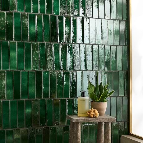 Emery Jungle Green 2x8 Handmade Crackled Glossy Terracotta Tile