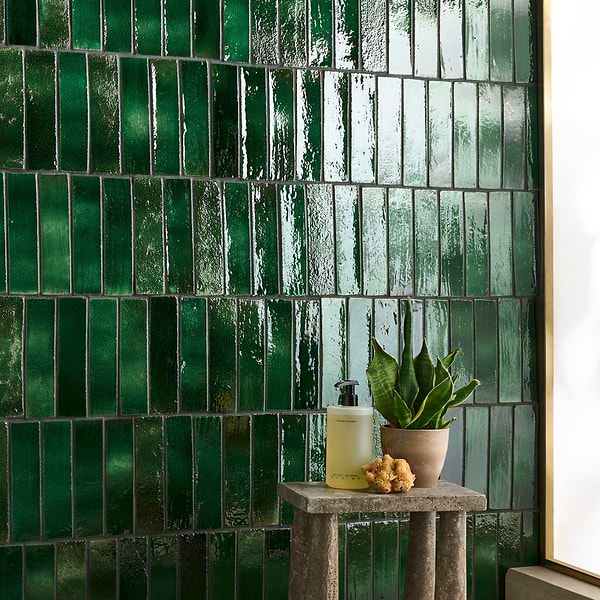 Emery Jungle Green 2x8 Handmade Crackled Glossy Terracotta Tile