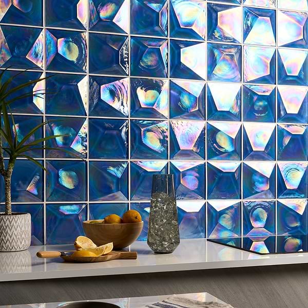 Opaline Blue Iridescent 6x6 3D Glossy Glass Tile