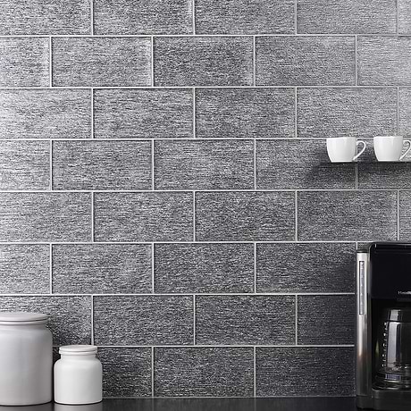 Veda Black Silver 4x9 Polished Glass Tile
