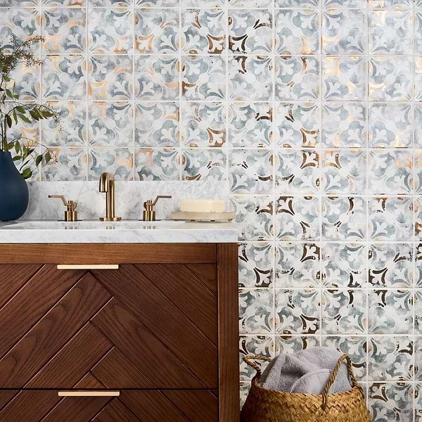 Paula Purroy Talia Bossa Blue Gray with Gold 5x5 Matte Ceramic Tile