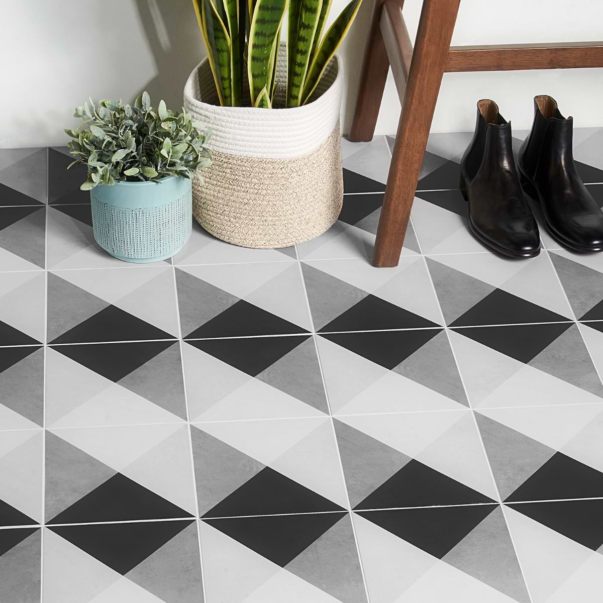 Art Geo Deco Charcoal Gray 8x8 Cement Look Matte Porcelain Tile by Elizabeth Sutton; in White, Charcoal, Gray; for Backsplash, Bathroom Floor, Bathroom Wall, Commercial Floor, Floor Tile, Kitchen Floor, Kitchen Wall, Outdoor Floor, Outdoor Wall, Shower Floor, Shower Wall, Wall Tile; in Style Ideas Art Deco, Contemporary, Mid Century, Modern, Transitional, Whimsical