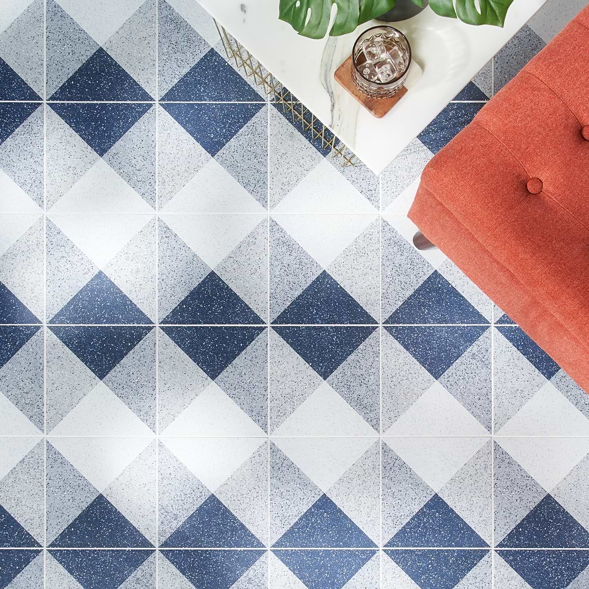 Art Geo Deco Navy Blue 8x8 Terrazzo Look Matte Porcelain Tile by Elizabeth Sutton; in Blue; for Backsplash, Bathroom Floor, Bathroom Wall, Commercial Floor, Floor Tile, Kitchen Floor, Kitchen Wall, Outdoor Floor, Outdoor Wall, Shower Floor, Shower Wall, Wall Tile; in Style Ideas Art Deco, Contemporary, Craftsman, Mid Century, Modern, Transitional, Whimsical