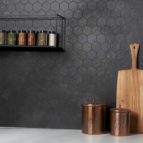 Portrait Black Gold 2" Hexagon Matte Porcelain Mosaic Tile