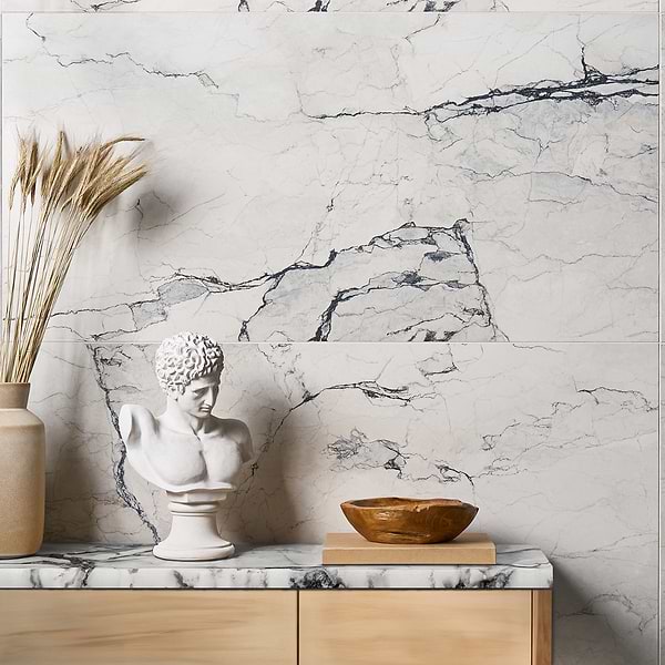 Romani Camouflage White 3D Textured Veining 24x48 Marble Look Satin Porcelain Tile