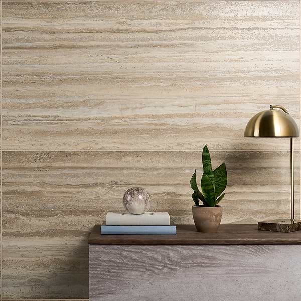 Romani Travertine Hazelnut Beige 3D Textured Veining 24x48 Stone Look Satin Porcelain Tile