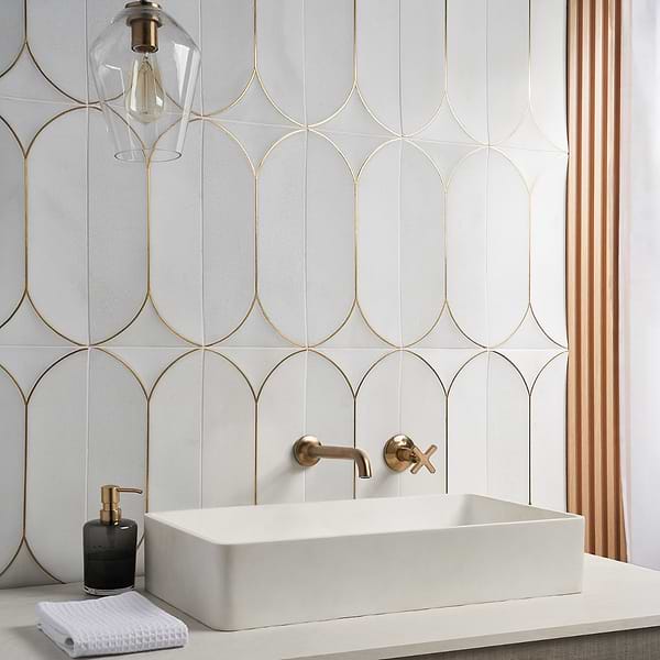 Calypso 3D Carved Bianco White Brass Inlay 8x16 Textured Honed Marble Limestone Tile