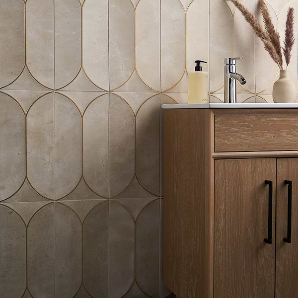 Calypso 3D Carved Crema Marfil Beige with Brass Inlay 8x16 Honed Marble Limestone Tile