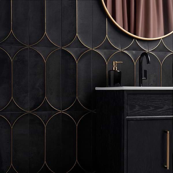 Calypso 3D Carved Nero Black Brass Inlay 8x16 Textured Honed Marble Limestone Tile