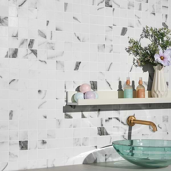DreamStone Statuario Valley 2x2 Matte Porcelain Mosaic - Sample in White with Gray Brown Veining, View 7, open zoomed image