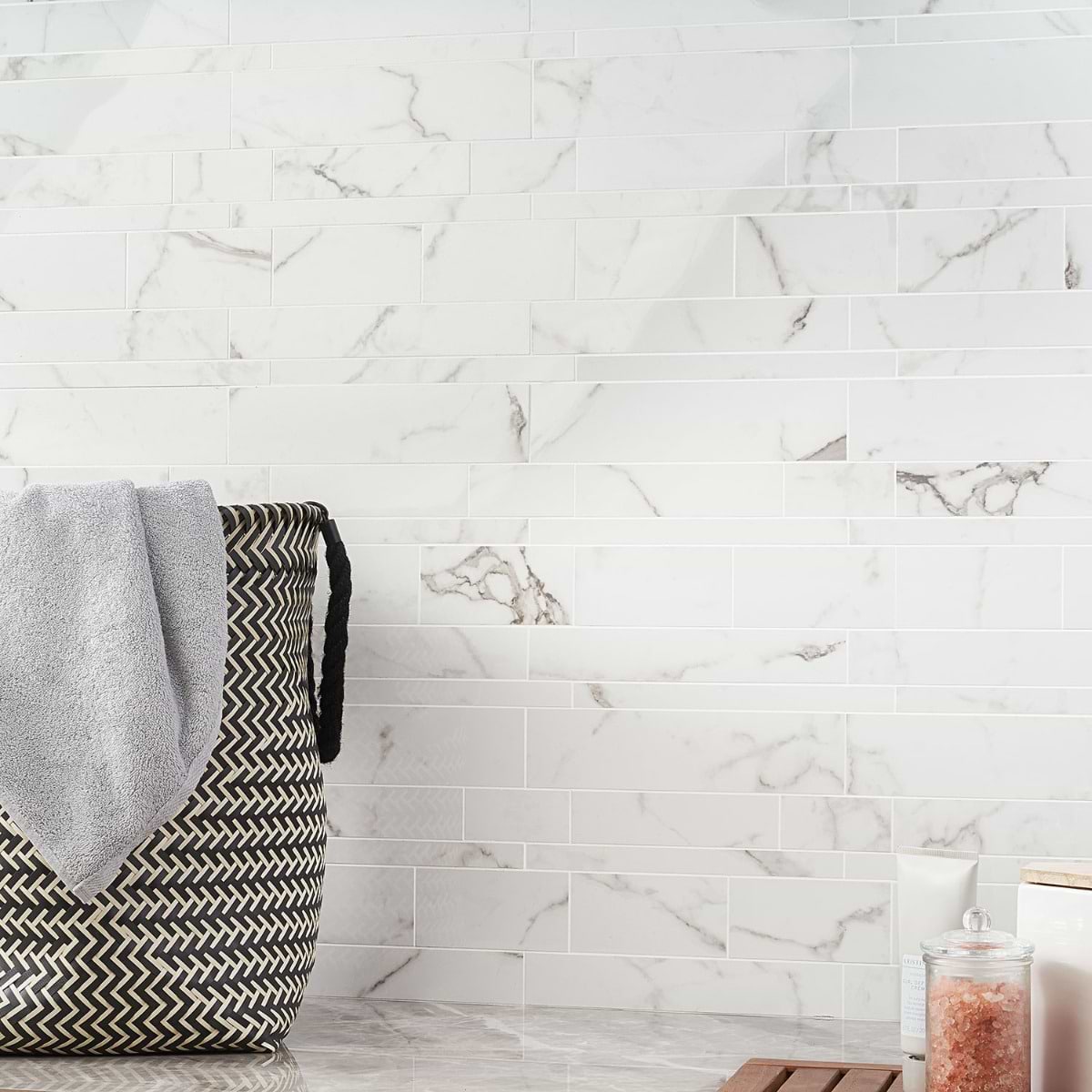 DreamStone Statuario Venato White Railroad Polished Porcelain Mosaic; in White with Grey Veining Porcelain; for Backsplash, Bathroom Floor, Bathroom Wall, Commercial Floor, Floor Tile, Kitchen Floor, Kitchen Wall, Outdoor Floor, Outdoor Wall, Pool Tile, Shower Floor, Shower Wall, Wall Tile; in Style Ideas Classic, Contemporary, Modern, Traditional, Transitional; released 2025; new, trends
