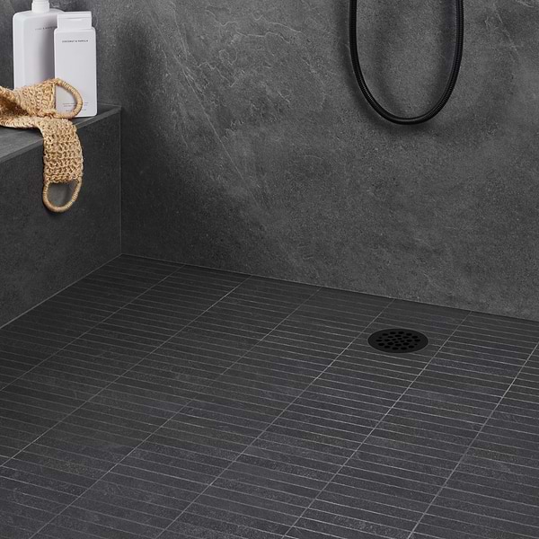 Era Charcoal Black 1x6 Stacked Limestone Look Matte Porcelain Mosaic Tile