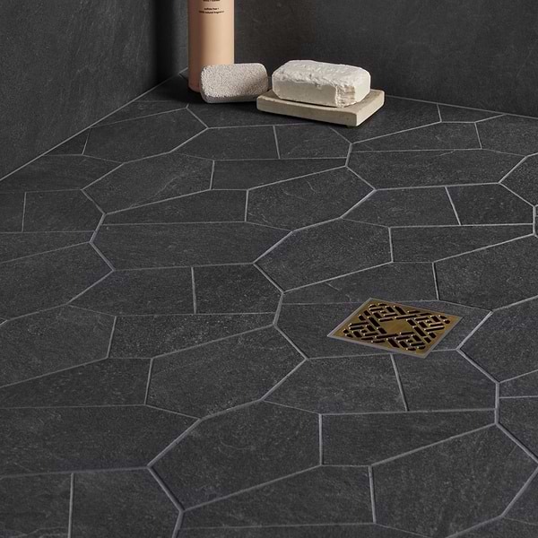 Era Charcoal Black Organic Pattern Limestone Look Matte Porcelain Mosaic Tile