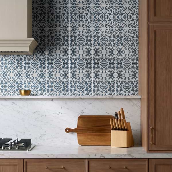 Elowynn Haven Cove White 8x8 Matte Porcelain Tile by Kravet in Blue, White, View 2, open zoomed image