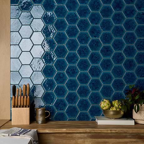 Breeze Ocean Blue 4.5" Hexagon Crackled Glossy Porcelain Tile