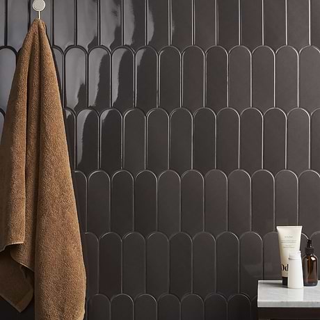 Parry Charcoal 3x8 Fish Scale Glossy Ceramic Wall Tile