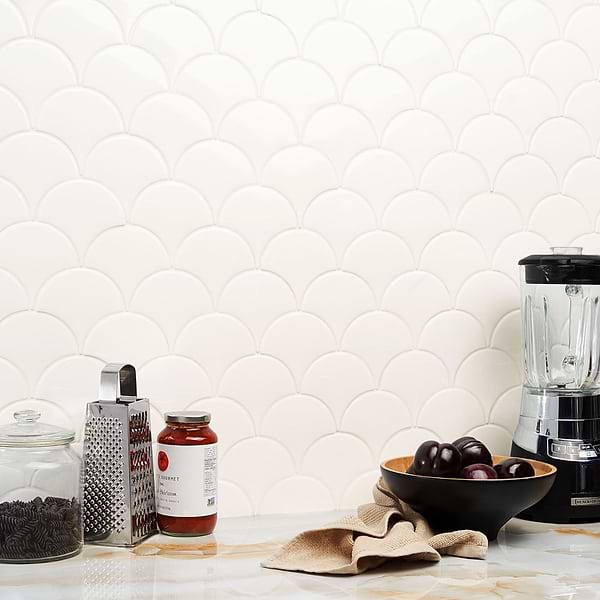 Highwater Rice White 5" Fish Scale Polished Ceramic Wall Tile
