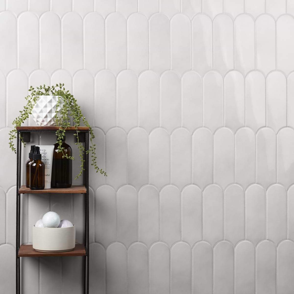 Parry Mist Gray 3x8 Fishscale Glossy Ceramic Tile; in Gray  Ceramic; for Backsplash, Bathroom Wall, Kitchen Wall, Shower Wall, Wall Tile; in Style Ideas Art Deco, Contemporary, Mediterranean, Mid Century, Transitional; released 2025; new, trends