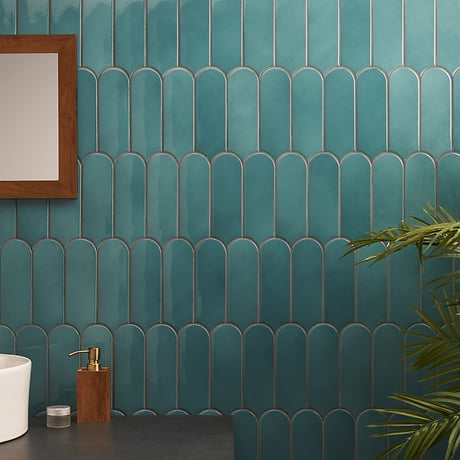Parry Teal Blue 3x8 Fish Scale Glossy Ceramic Wall Tile