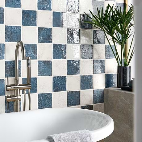 Greta Checkerboard Midnight Blue and Seashell White 5x5 Glossy Textured Porcelain Tile