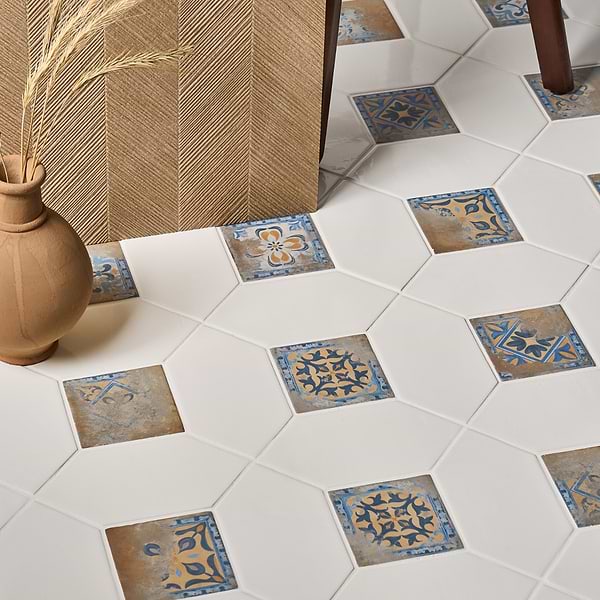 Morocco Blanco White 4x8 Glossy Picket and Medina Multicolor 4x4 Matte Square Porcelain Tile