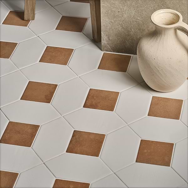 Morocco Blanco White 4x8 Glossy Picket and Terracotta 4x4 Matte Square Porcelain Tile