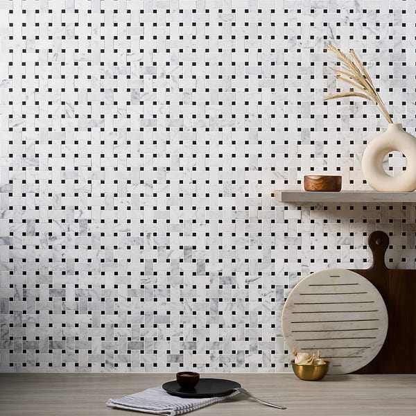 Trenza Basket Weave Carrara Marble Polished Mosaic Tile