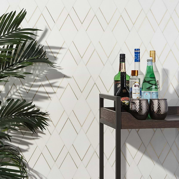 Enver Thassos Polished Marble and Brass Mosaic Tile