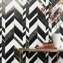 Amari Verde Green Jade Polished Marble and Brass Chevron Mosaic Tile
