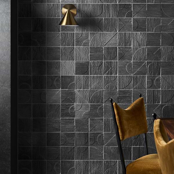 Trevino Carved Black 4x4 3D Satin Basalt Stone Tile