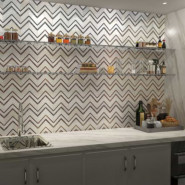 Magma Chevron Palermo White Marble and Bronze Lava Stone Polished Mosaic Tile