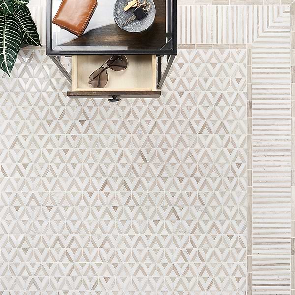 Monroe Border Asian Statuary and Wooden Beige 7.87x8.30 Polished Marble Mosaic Tile