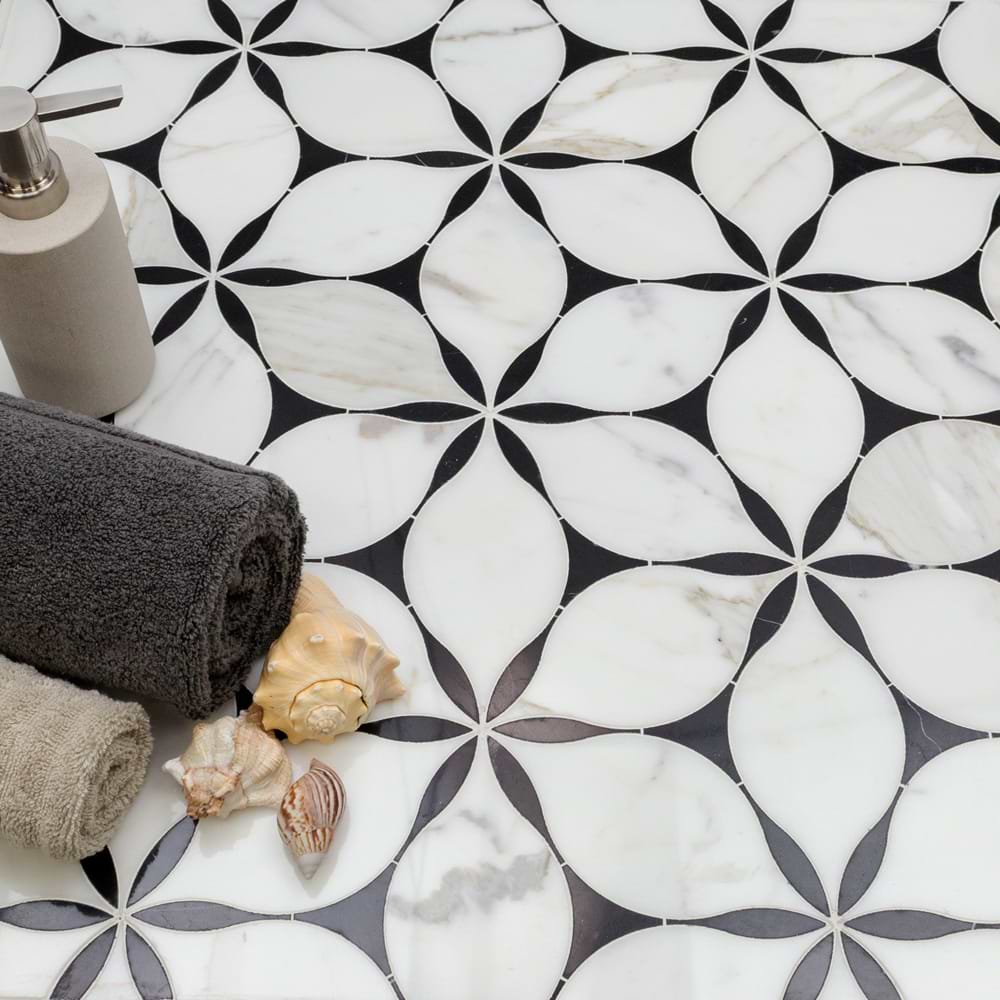 Evangeline Black & White Polished Marble Mosaic; in Black + White  Black Marble + Calacatta; for Backsplash, Bathroom Floor, Bathroom Wall, Commercial Floor, Floor Tile, Kitchen Floor, Kitchen Wall, Outdoor Wall, Shower Floor, Shower Wall, Wall Tile; in Style Ideas Mid Century, Transitional