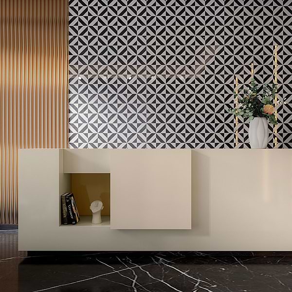 Cleopatra Diagonal Pepper Black Terrazzo and Bianco White Marble Polished Mosaic Tile