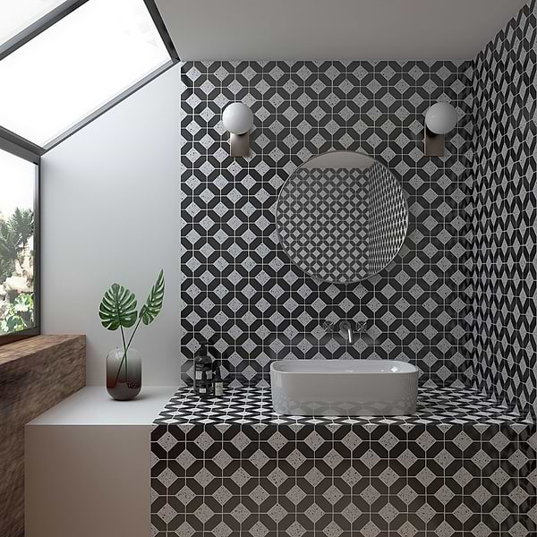 Cleopatra Diamond Truffle White Terrazzo and Nero Marquina Black Marble Polished Mosaic Tile
