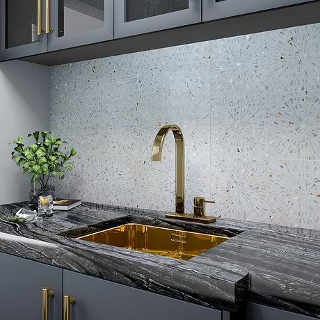 Estee Frosty White 12x12 Polished Pearl Inlay and Cement Tile
