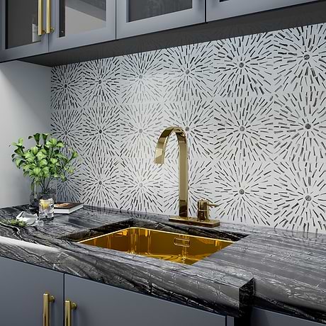 Estee Golden White 12x12 Polished Pearl Inlay and Cement Tile