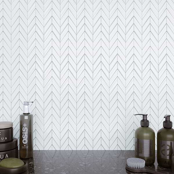 Brookline Chevron Cloud White 1x5 Glossy Ceramic Mosaic Tile
