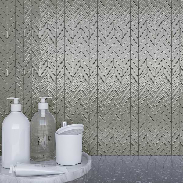 Brookline Chevron Warm Gray 1x5 Glossy Ceramic Mosaic Tile