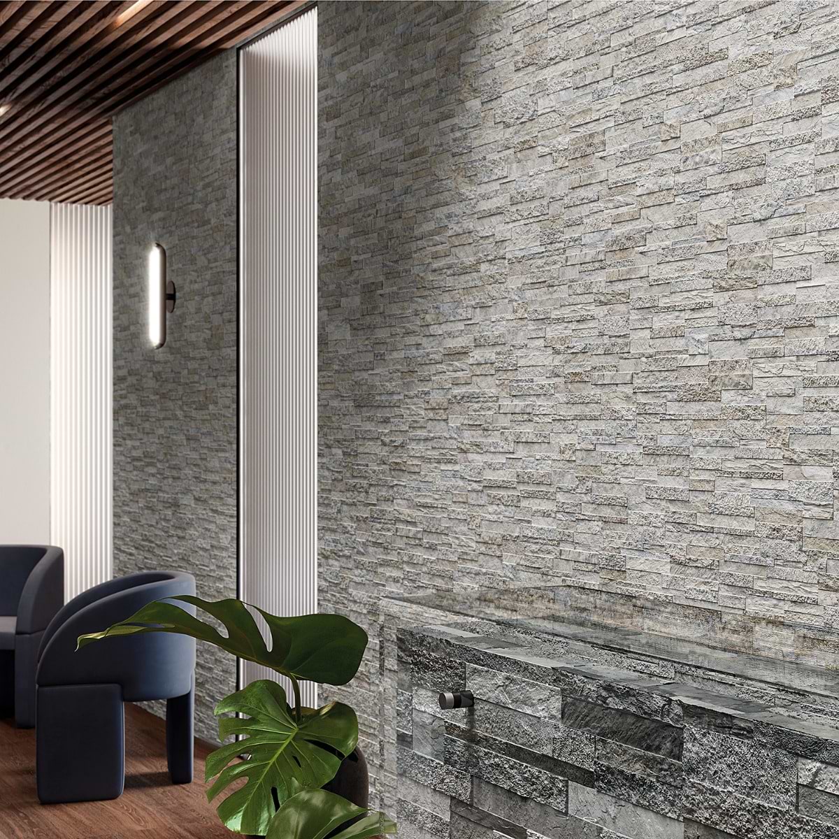Rugged Stacked Quartzite White 6x24 3D Matte Porcelain Tile; in White Porcelain; for Backsplash, Bathroom Wall, Kitchen Wall, Outdoor Wall, Shower Wall, Wall Tile; in Style Ideas Contemporary, Farmhouse, Rustic