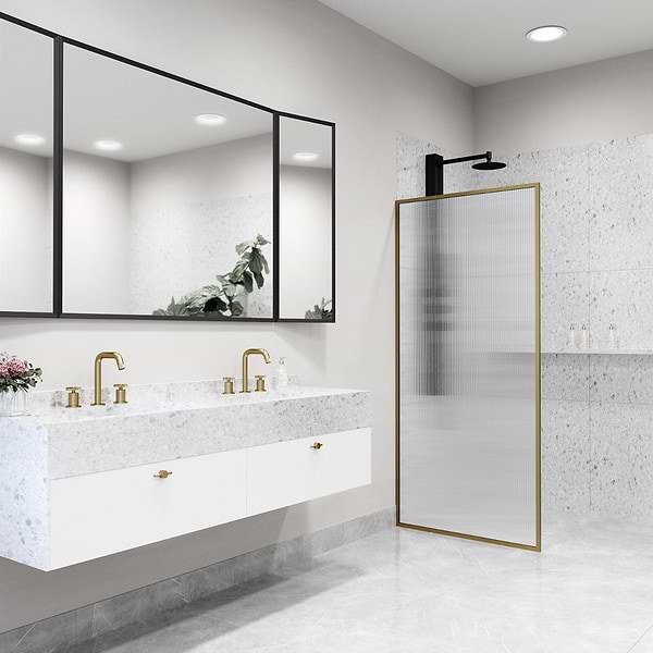 Finestra 34x74" Reversible Fixed Shower Door with Fluted Glass in Brushed Gold