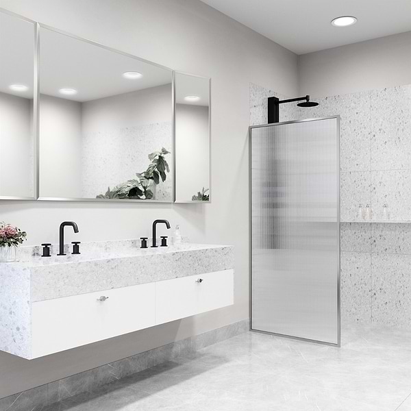 Finestra 34x74" Reversible Fixed Shower Door with Fluted Glass in Stainless Steel