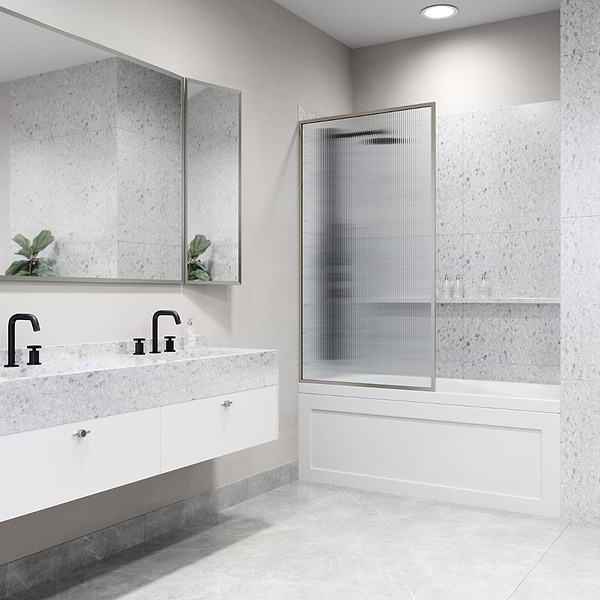 Finestra 34x62" Reversible Fixed Bathtub Door with Fluted Glass in Stainless Steel