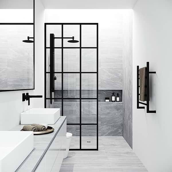 Finestra 34x74" Reversible Fixed Shower Door with Grid Clear Glass in Matte Black