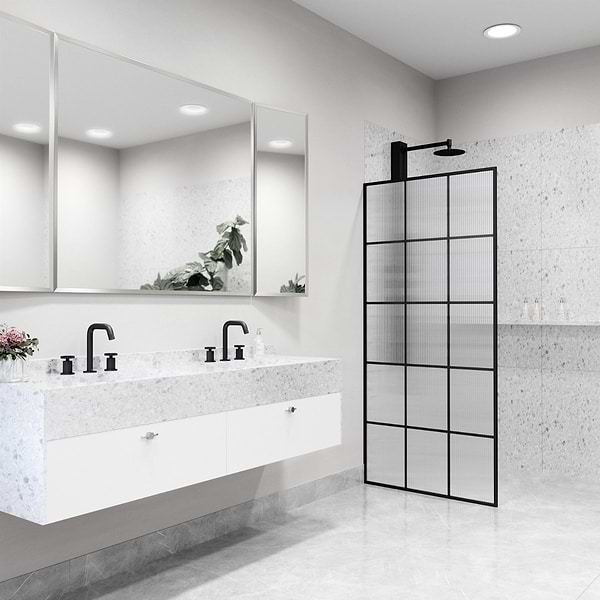 Finestra 34x74" Reversible Fixed Shower Door with Grid Fluted Glass in Matte Black