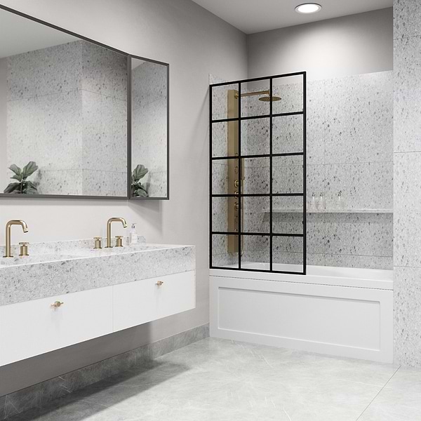Finestra 34x62" Reversible Fixed Bathtub Door with Grid Clear Glass in Matte Black